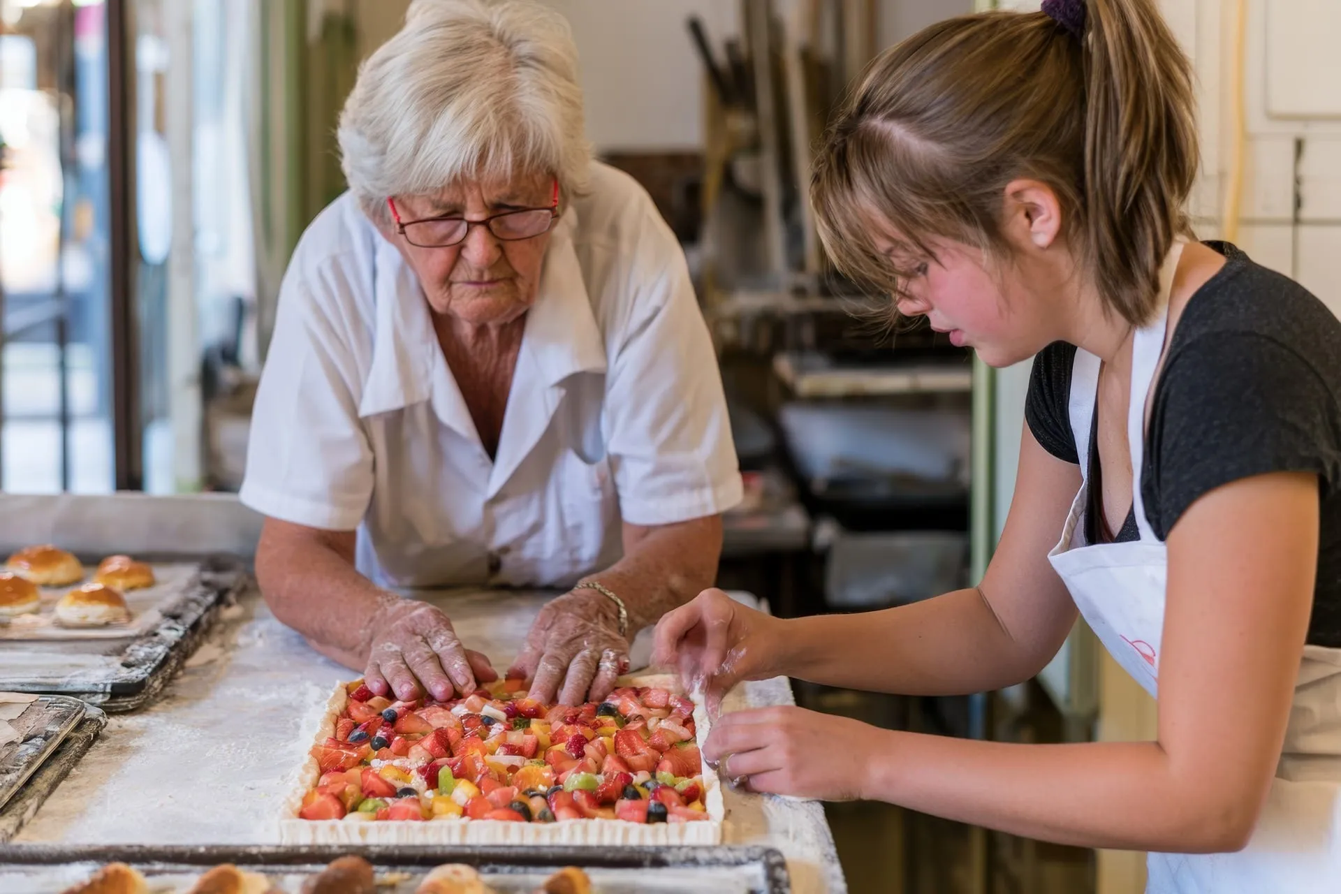 A grandmother and granddaughter baking together